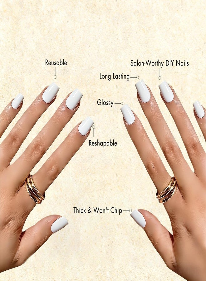 KXAMELIE White Press on Nails Medium Square, Soft Gel Fake Nails Short Coffin, Glossy Full Cover Acrylic Nails Press on with Nail Glue, Reusable Glue on Nail for Women, Easy to Apply, 28 Pcs - Image 4